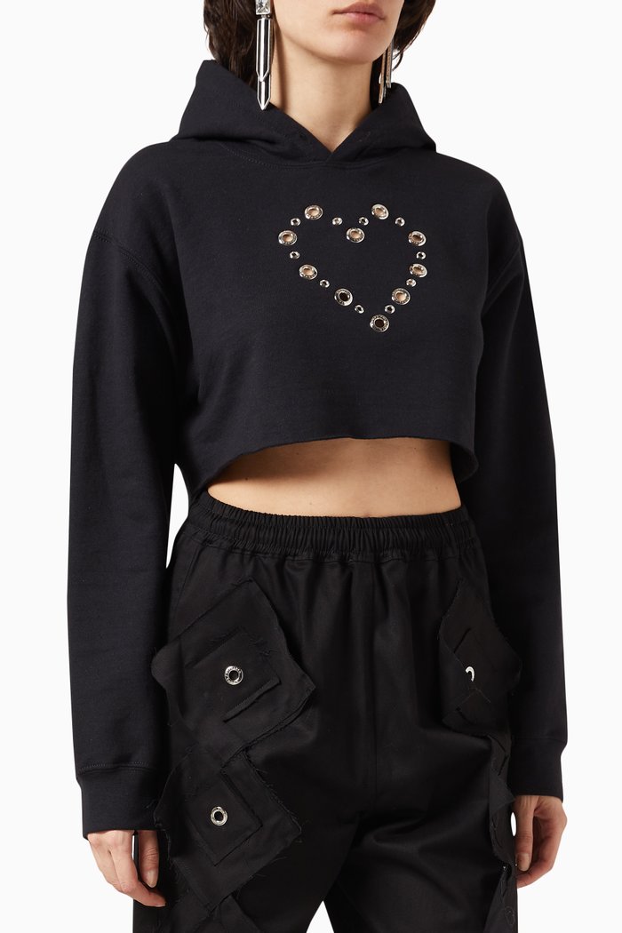 

Cropped Eyelet Heart Hoodie in Jersey, Black