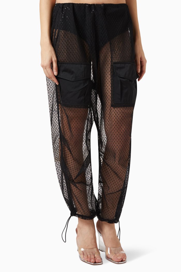 

Reversible Sequin Cargo Pants in Mesh, Black
