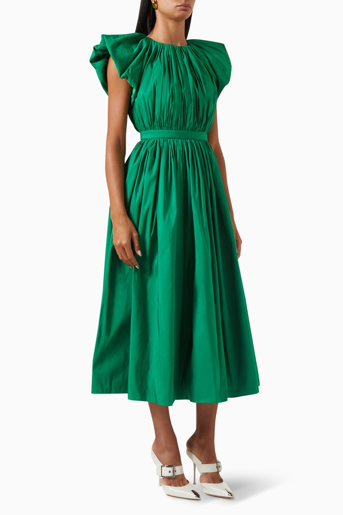 Pleated Open-back Midi Dress in Polyfaille, Green