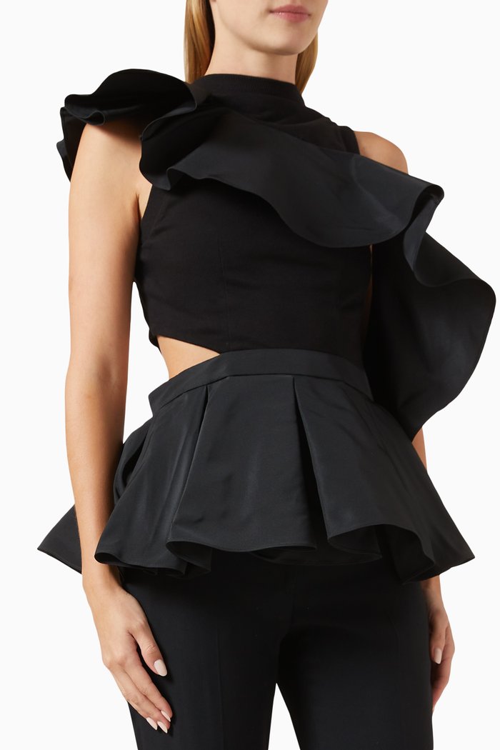 

Asymmetric Ruffle Hybrid Top in Cotton-jersey, Black