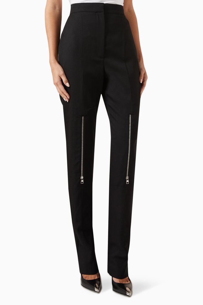 

Zip-detail Cigarette Pants in Grain de Poudre, Black