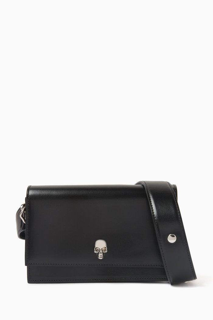 

Small Biker Skull Crossbody Bag in Raffia & Calfskin, Black