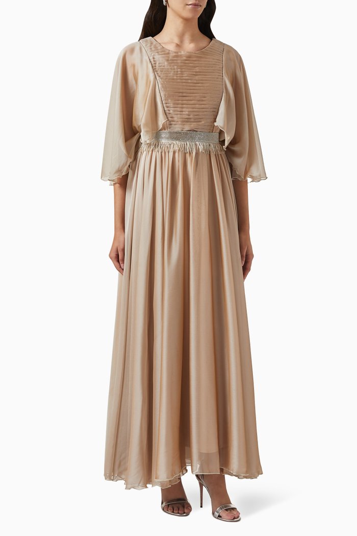 

Pleated Crystal Maxi Dress, Neutral