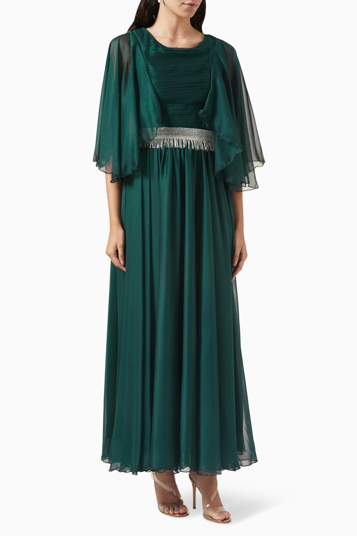 Pleated Crystal Maxi Dress, Green