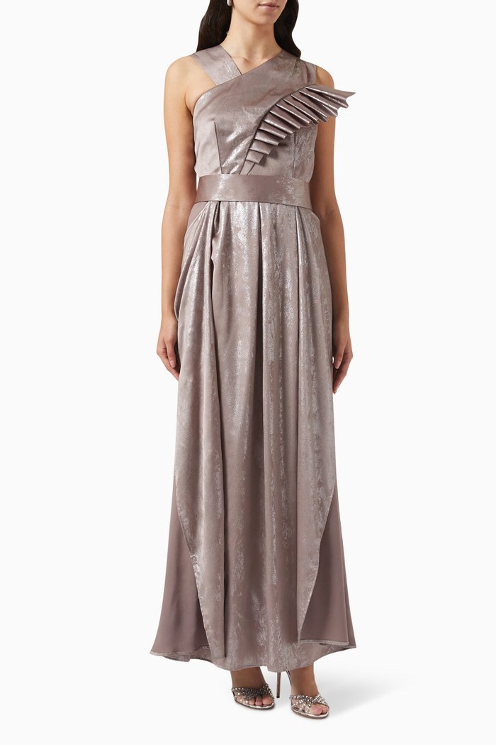 

Foil-print Ruffled Maxi Dress, Gold
