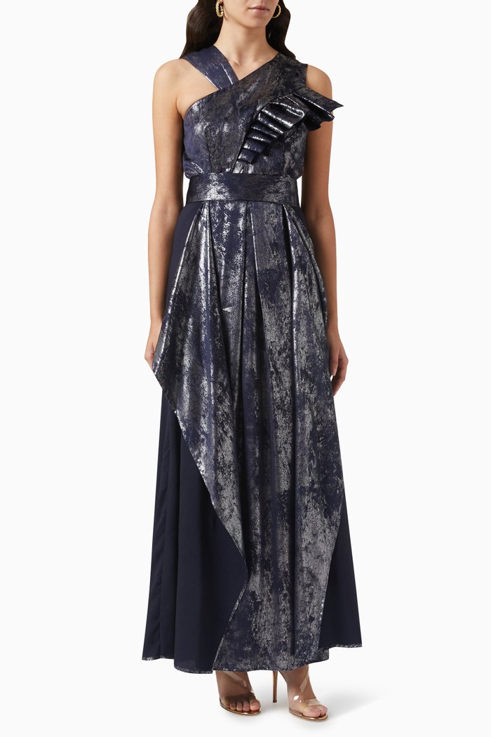 

Foil-print Ruffled Maxi Dress, Blue