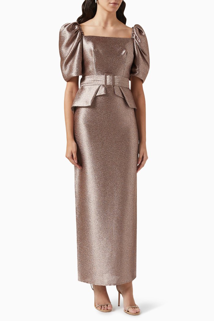 

Belted Puff-sleeves Midi Dress, Brown