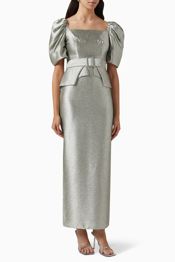 

Belted Puff-sleeves Midi Dress, Green