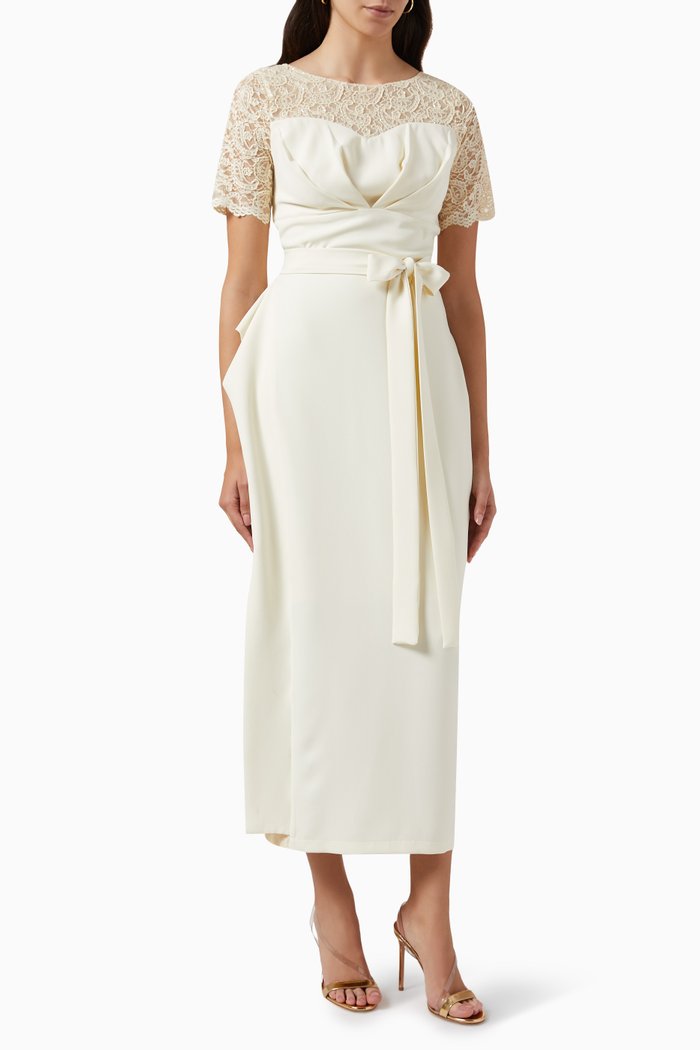 

Draped Midi Dress in Crepe, Neutral