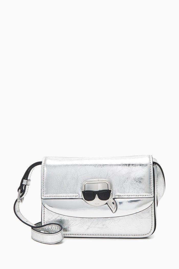 

K/Ikonik Crossbody Bag in Metallic Leather, Silver