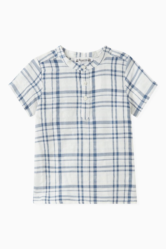 

Cesari Check-print Shirt in Linen-blend, Blue