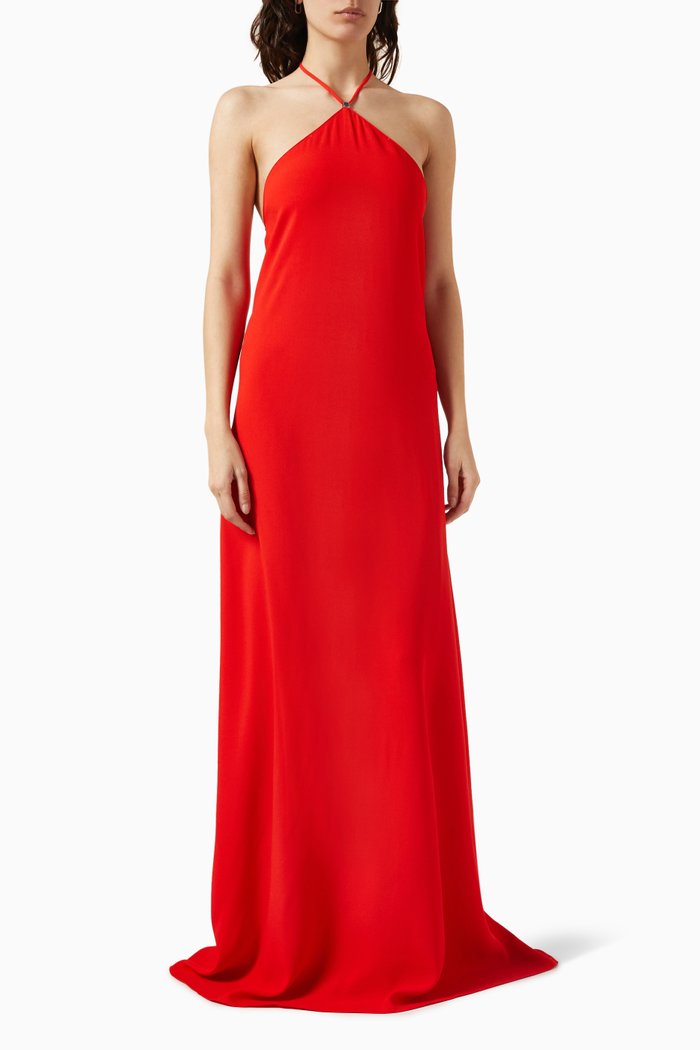 

Halter-neck Maxi Dress in Satin & Crepe, Red