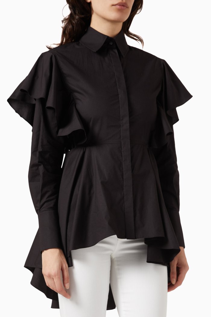 

Ruffle Detail Shirt in Organic Cotton, Black