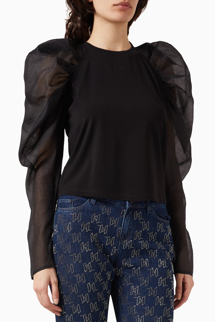 

Puffy Sleeved Top in Cotton Blend, Black