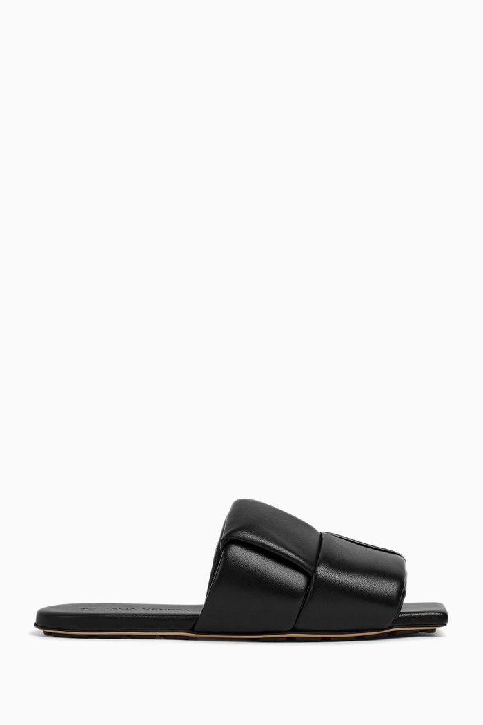 Patch Flat Mules in Intreccio Leather, Black