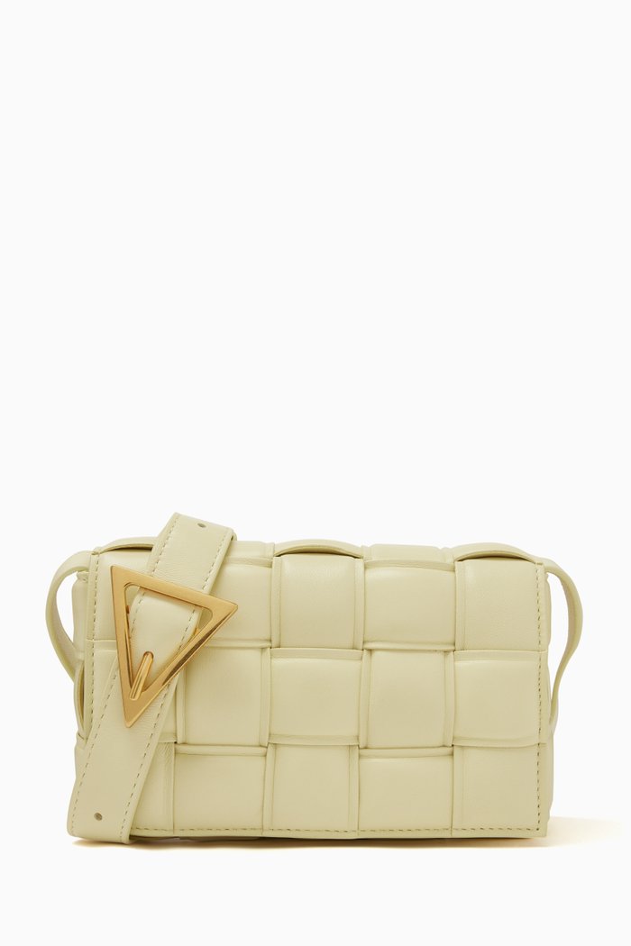 

Small Padded Cassette Bag in Intreccio Leather, Neutral