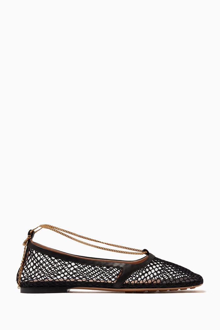 

Stretch Chain-embellished Ballerina Flats in Mesh and Leather, Black