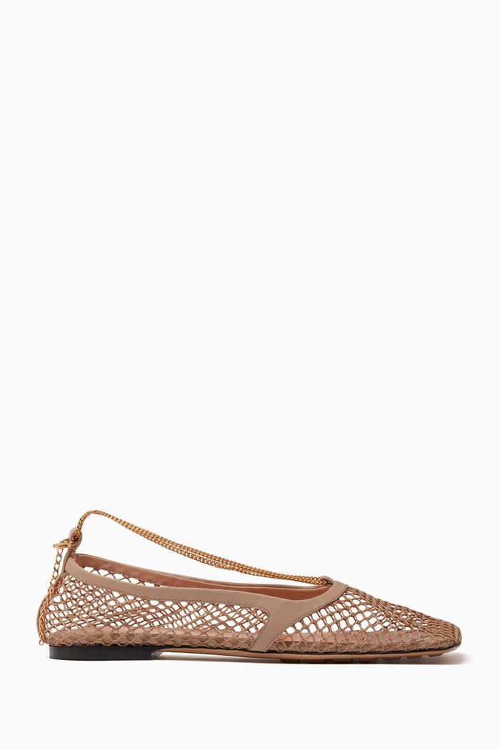 

Stretch Chain-embellished Ballerina Flats in Mesh and Leather, Neutral