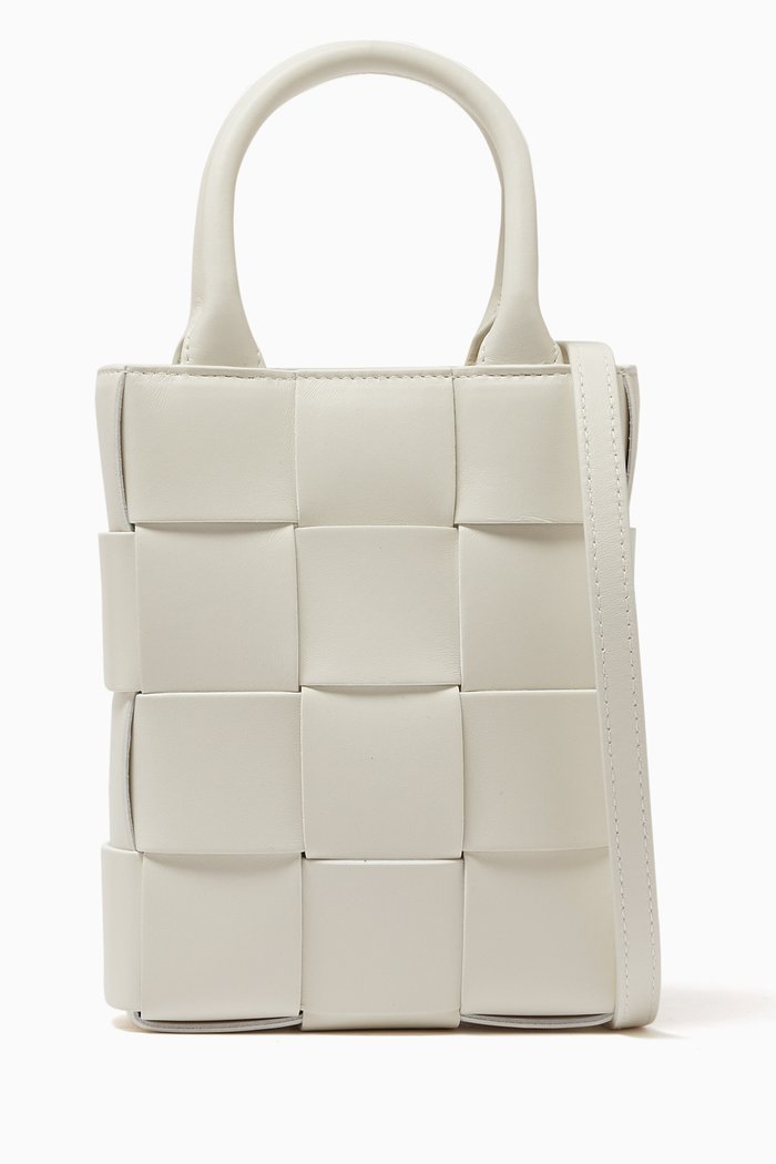 

Mini Cassette Tote Bag in Intrecciato Leather, White
