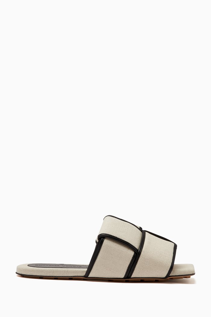 Patch Flat Mules in Intreccio Canvas & Leather, Neutral