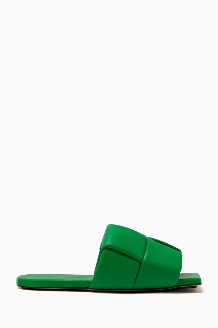 Patch Flat Mules in Intreccio Leather, Green