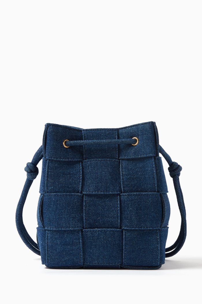 

Small Cassette Bucket Bag in Intrecciato Denim, Blue