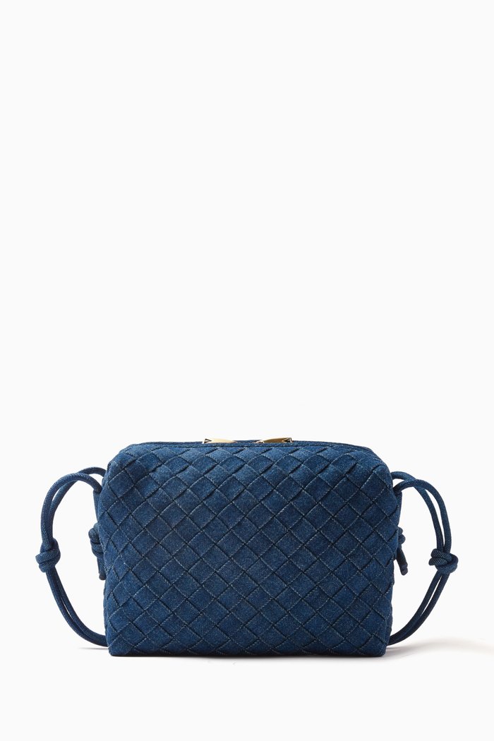 

Small Loop Camera Bag in Intrecciato Denim, Blue