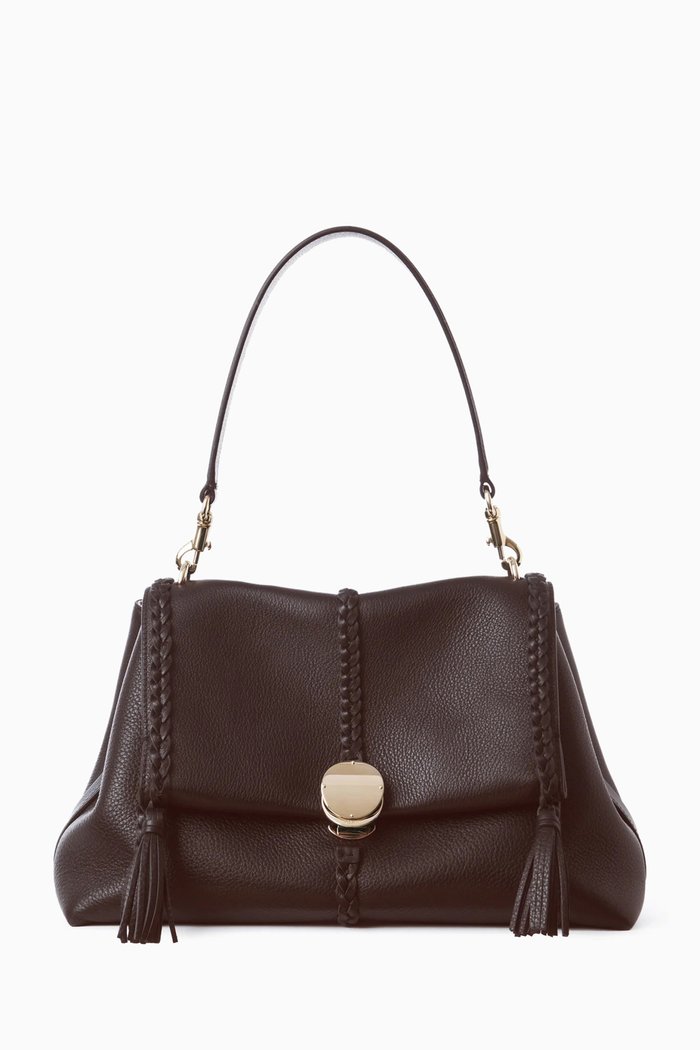 Medium Penelope Shoulder Bag in Leather, Burgundy