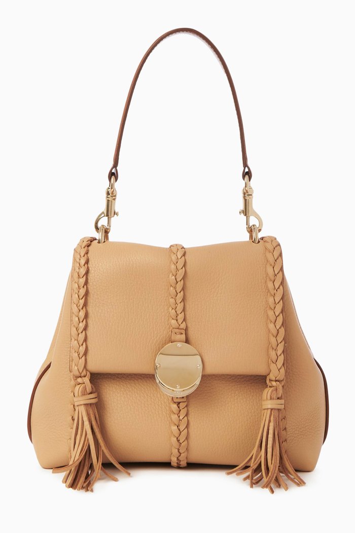 

Penelope Small Soft Shoulder Bag in Grained Calfskin, Brown