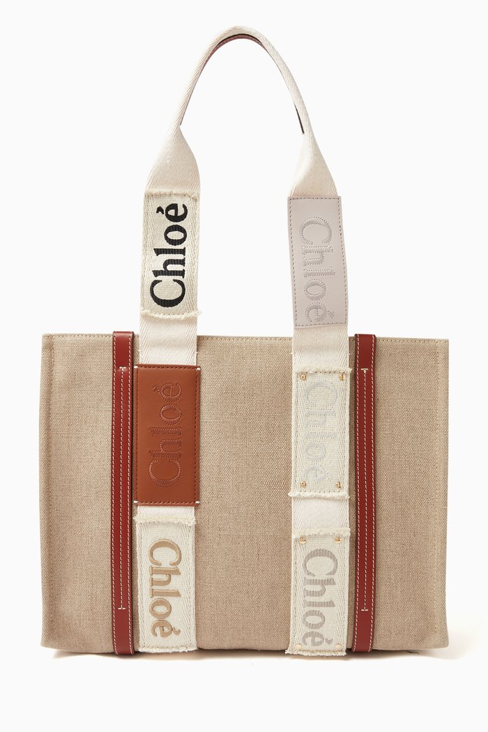 

Medium Woody Tote Bag in Linen Canvas, Brown
