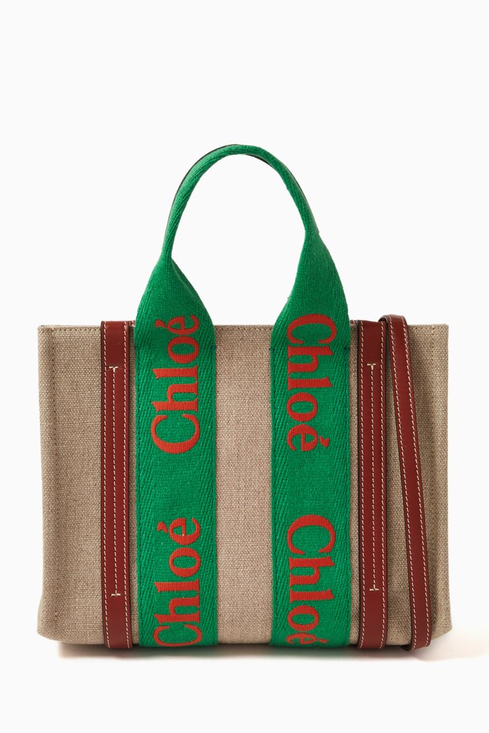 

Small Woody Embroidered Tote Bag in Linen, Green