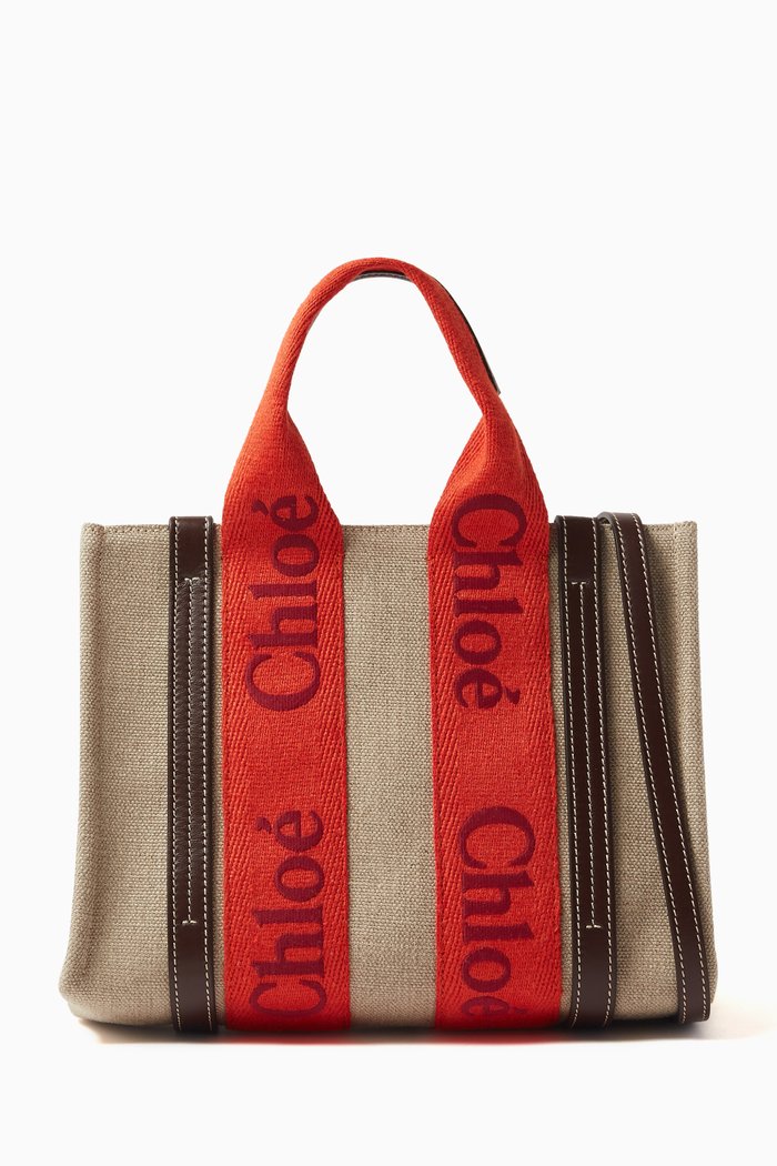 Small Woody Embroidered Tote Bag in Linen, Orange