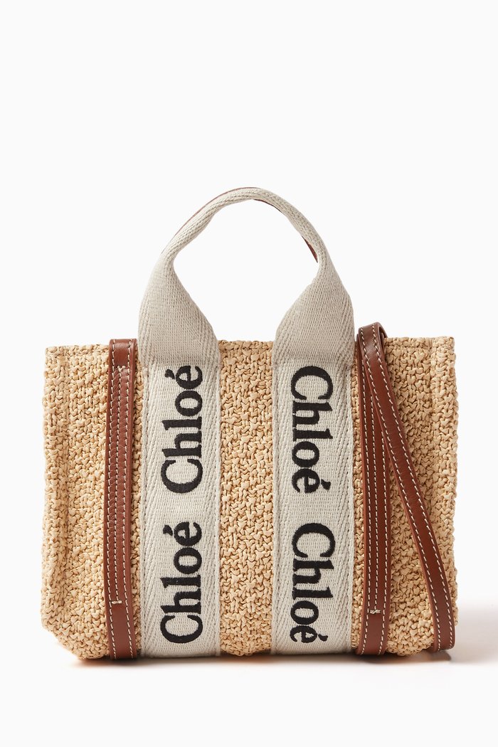 Mini Woody Tote Bag in Bouclette Fabric & Shiny Calfskin, Brown