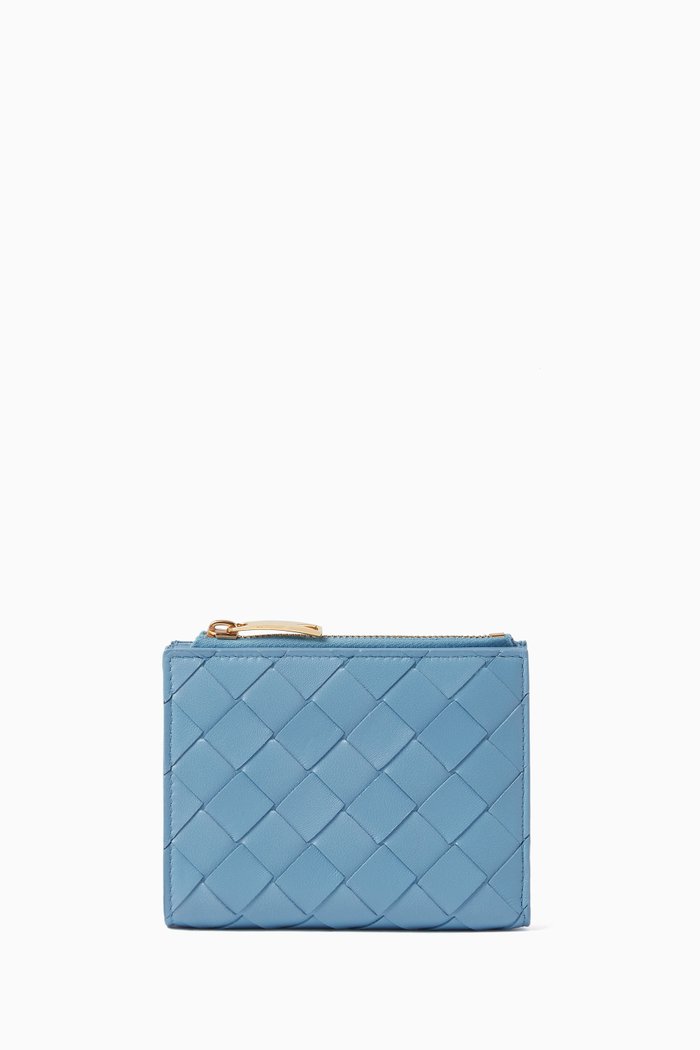 

Bi-fold Zipper Wallet in Intrecciato Leather, Blue