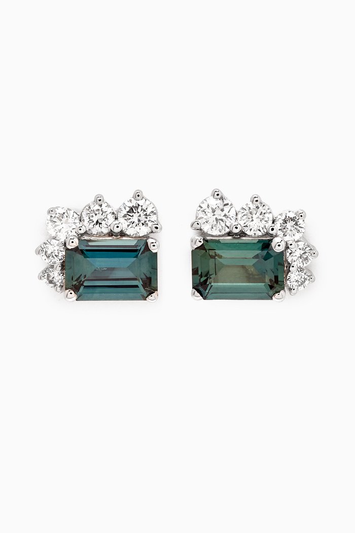 

Teal Sapphire Diamond Stud Earrings in 18kt White Gold, Green