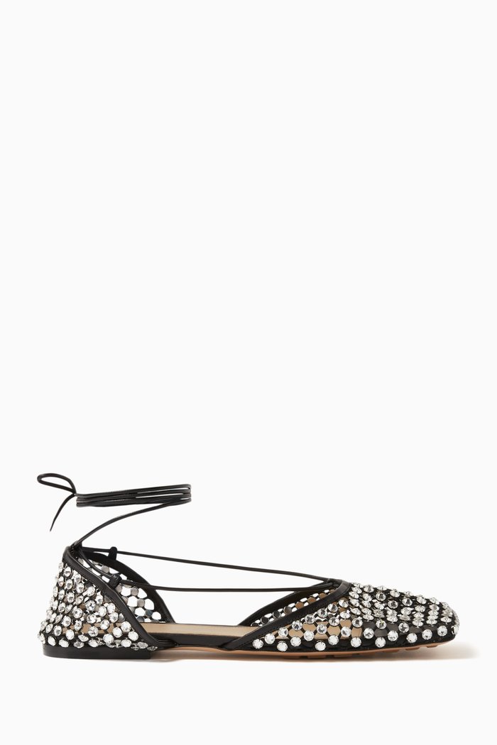 

Sparkle Stretch Embellished Flat Sandals in Mesh and Leather, Black