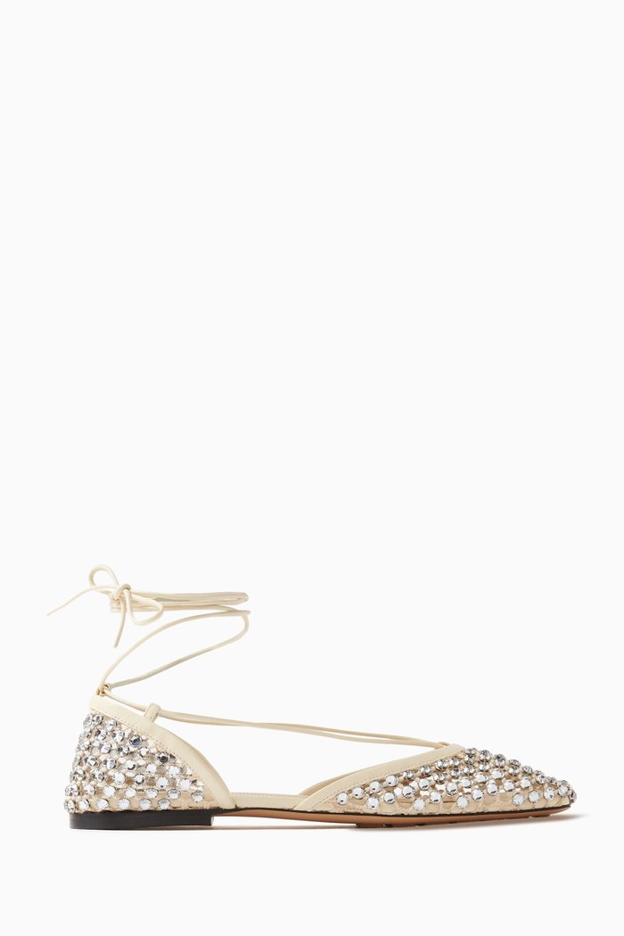 

Sparkle Stretch Lace-up Flat Sandal in Leather & Mesh, Neutral