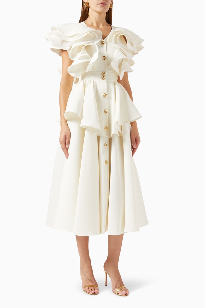 Ruffle Shoulder Midi Dress, White