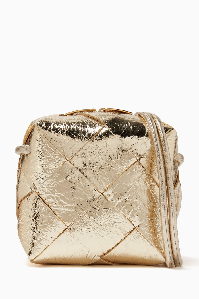 

Mini Cassette Camera Bag in Intrecciato Laminated Leather, Gold