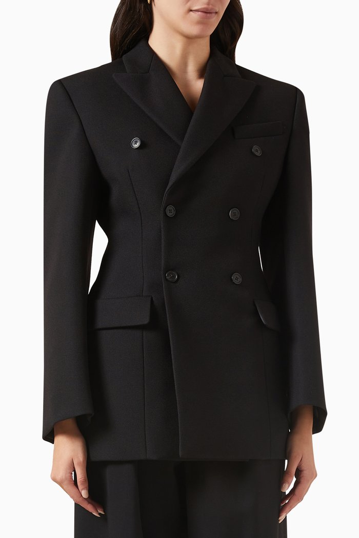 Double Breasted Contour Blazer in Virgin Wool, Black
