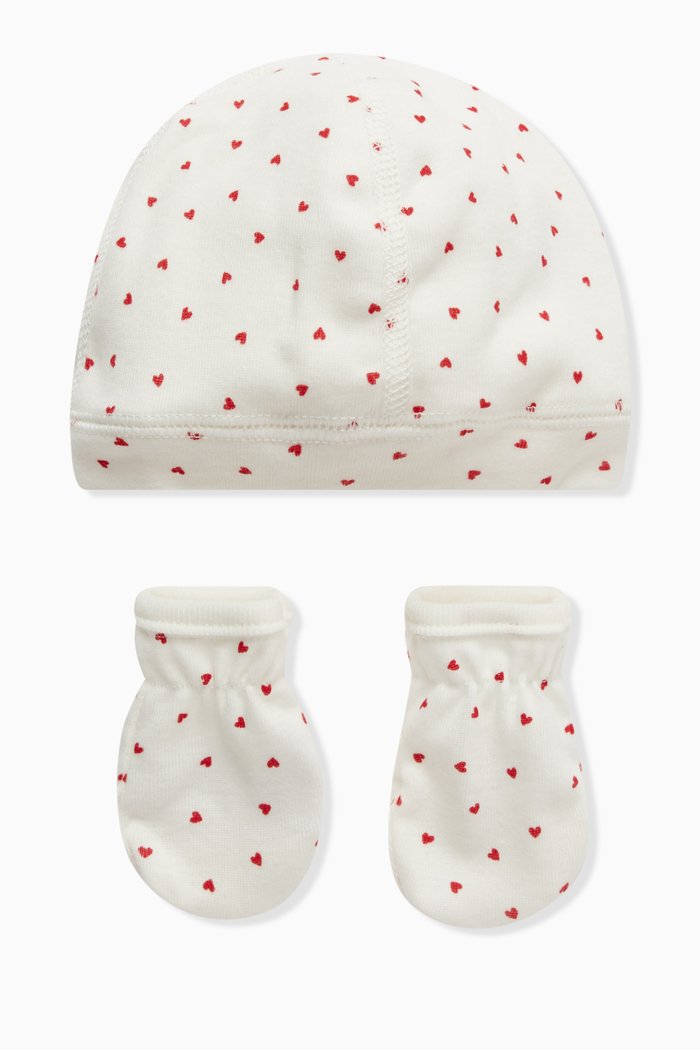 

Heart Print Hat and Mittens Set in Cotton, Multicolour