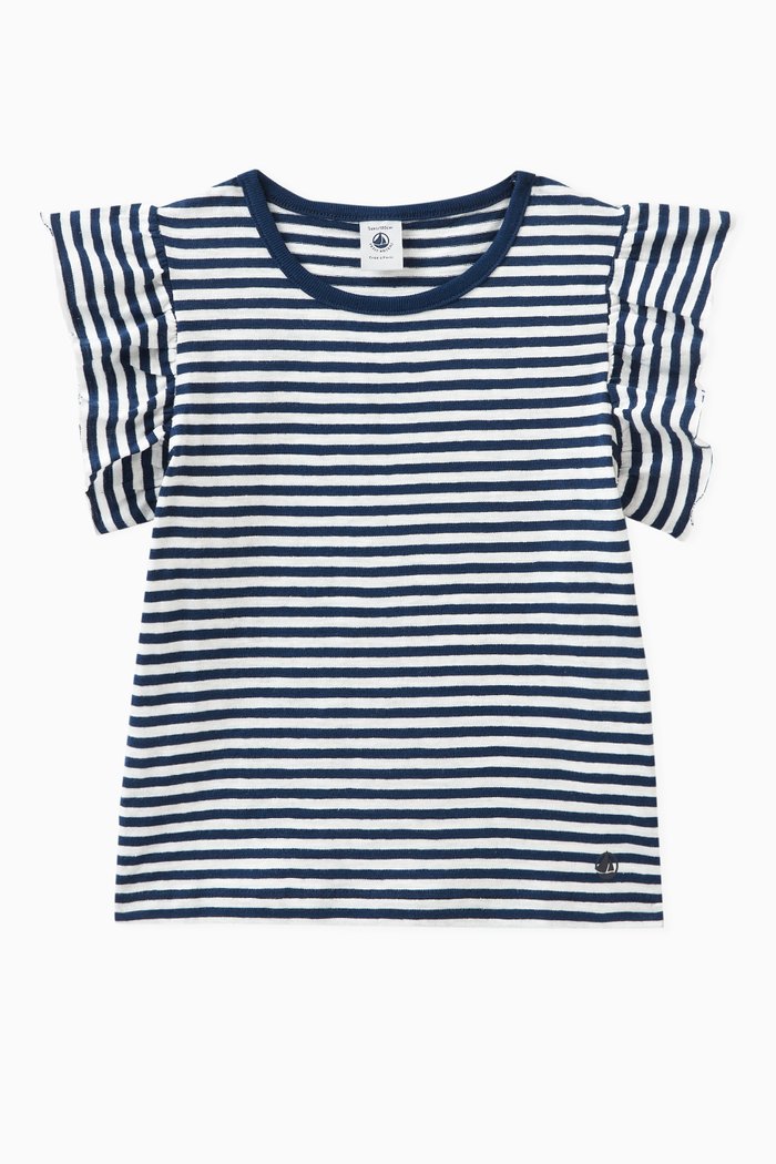 

Striped Ruffled Sleeved T-Shirt in Cotton, Blue