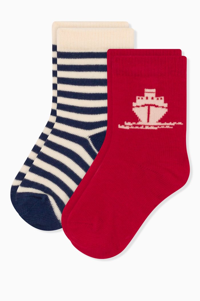

Striped & Port Print Socks in Cotton, Set of 2, Multicolour