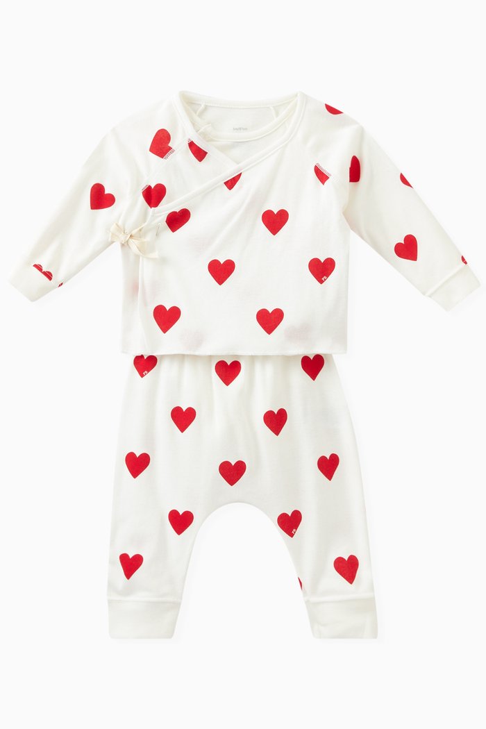 

Heart Print Wrap Top, Sweatpants & Bodysuit in Cotton, Set of Three, White