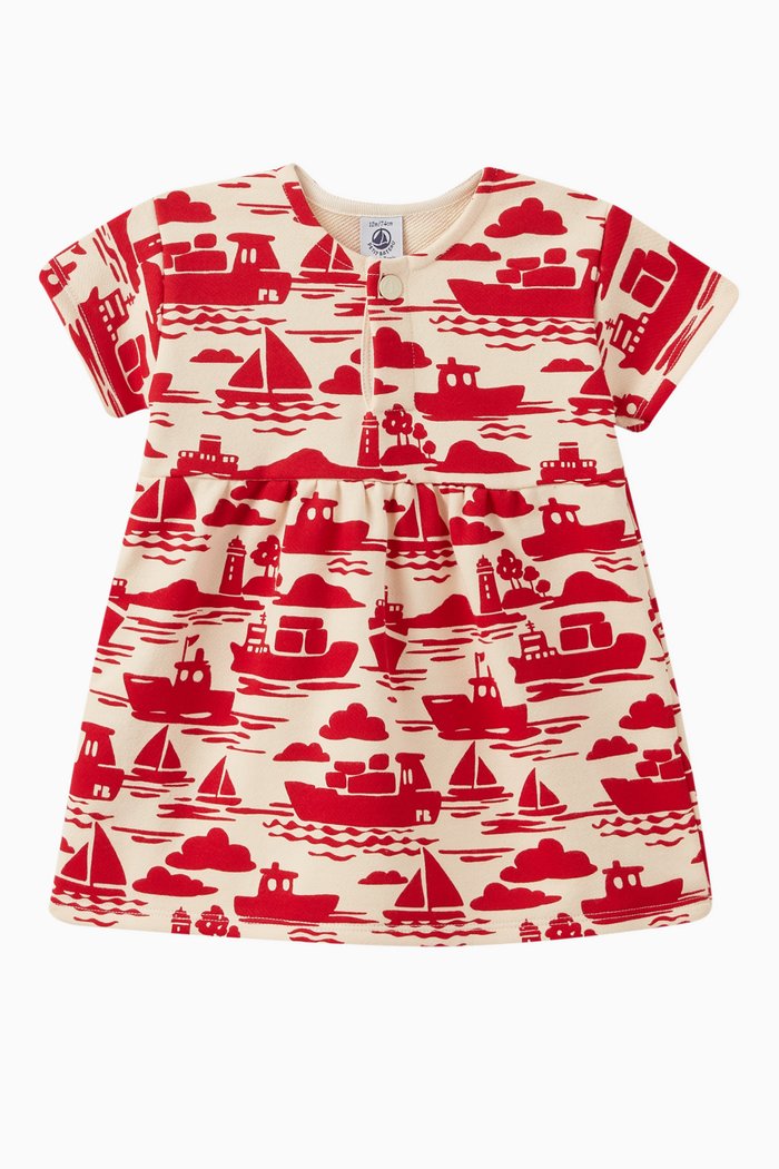 

Boat-print Dress in Cotton, Red