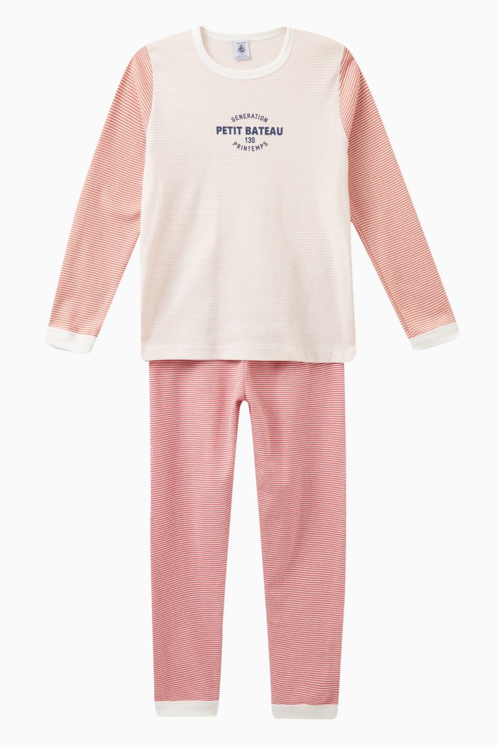 Striped Logo Pyjama Set in Cotton, Blue
