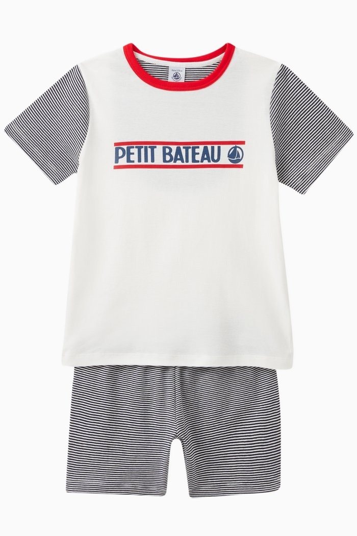 Logo Print Pyjama Set in Cotton, Blue