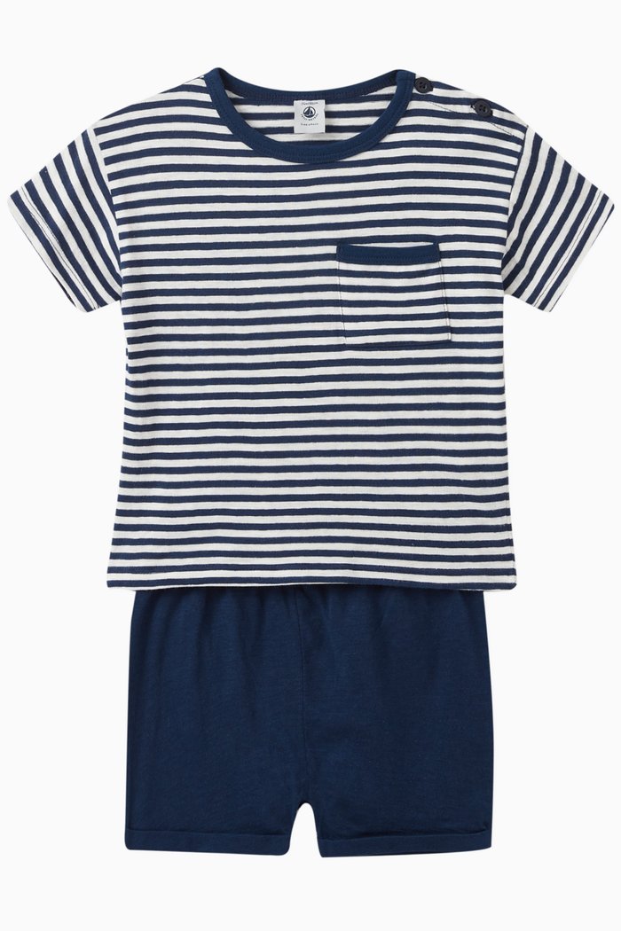 

Striped T-shirt and Shorts in Cotton, Set of Two, Blue