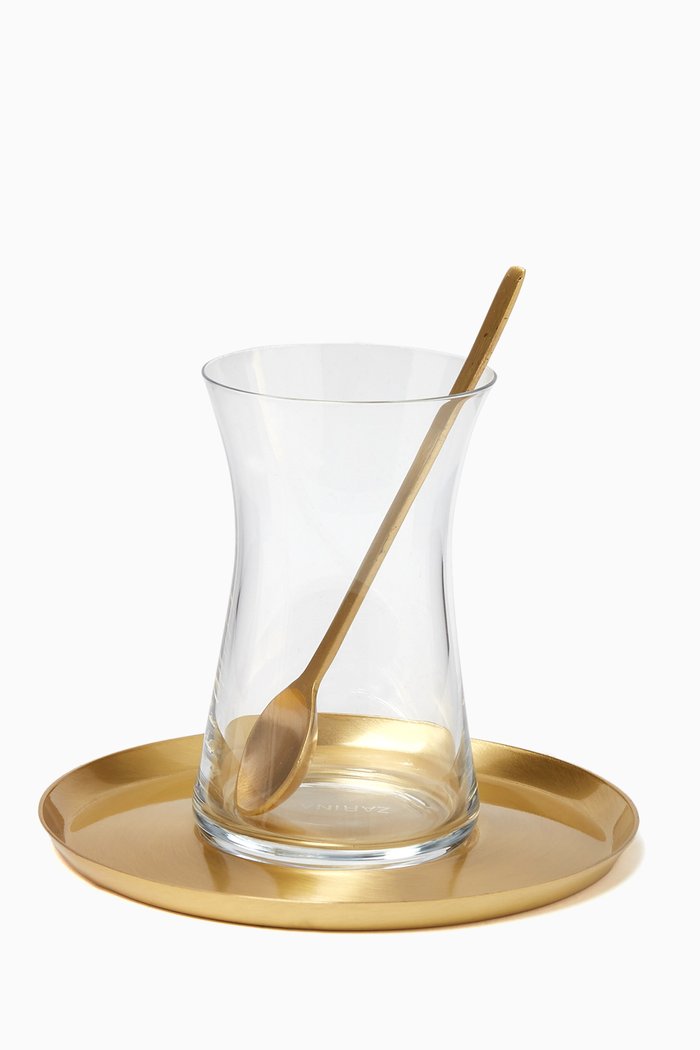

Istikana Tea Cups with Saucers in Brass , Set of 6, Gold