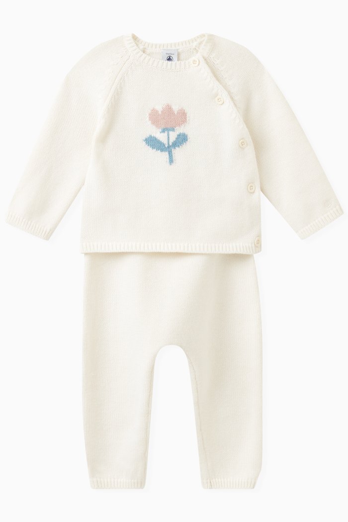 

Floral Print Top and Trousers in Cotton Wool, Set of Two, White